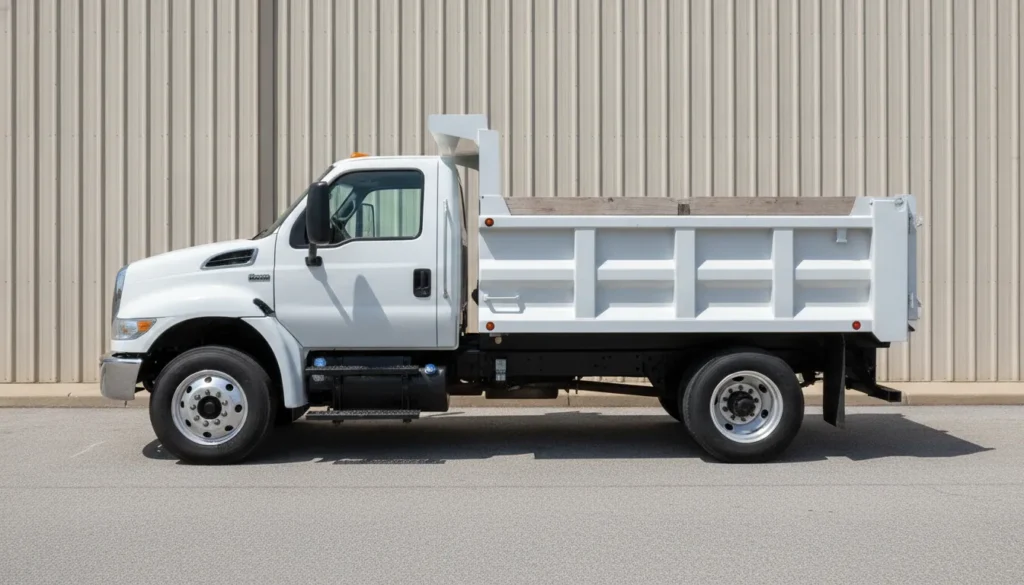 A commercial dump truck body mounted on a work truck chassis at a shop.