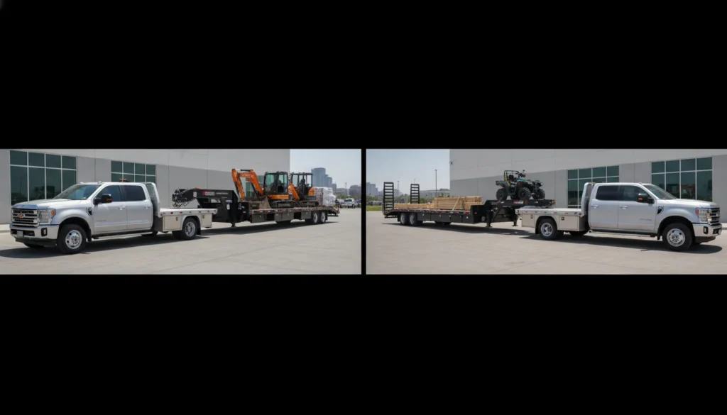 Gooseneck truck body vs. flatbed truck shown side by side for hauling.