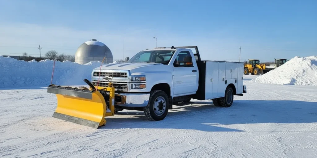 A commercial work truck fitted with a snow plow at a winter maintenance yard