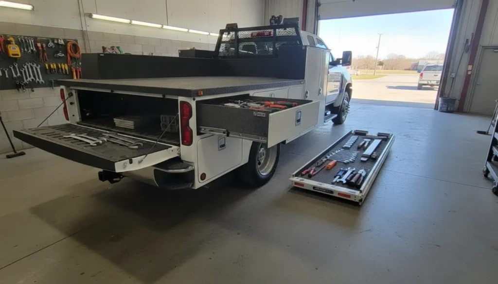 Work pickup in a shop with a truck bed drawer storage system open beside a sliding cargo platform