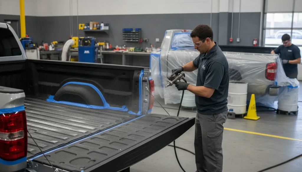 Technician applies a spray-on truck bedliner during installation.