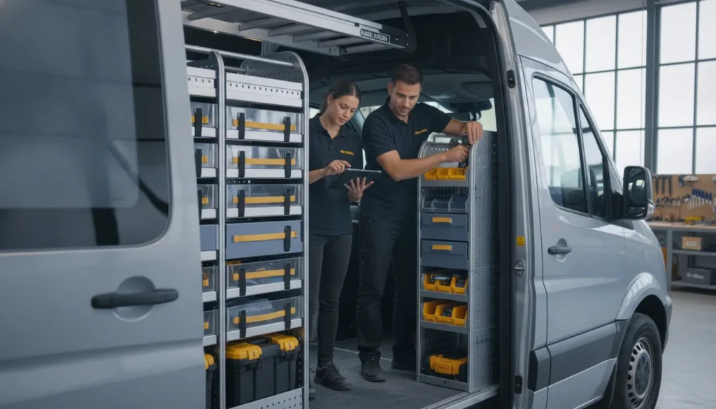 Two people discuss work van shelving systems and installation beside drawers and bins.